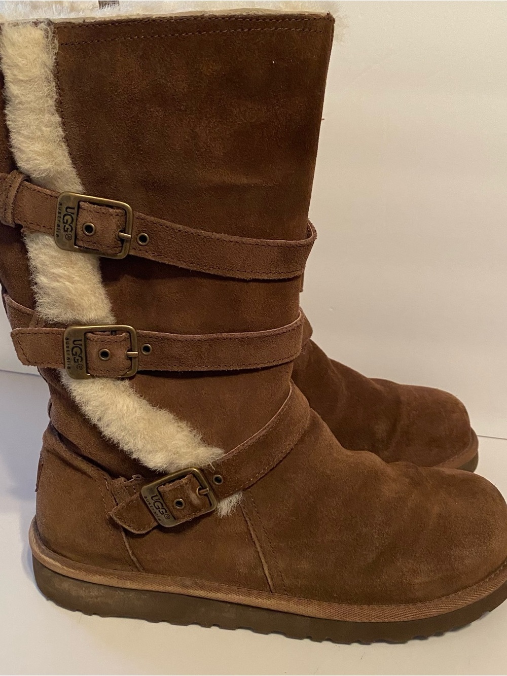 UGG Brown Suede Shearling-Trim Buckle Boots